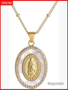 Mother of Pearl Pendant Necklace 18K Gold Plated Virgin Mary Catholic Jewelry